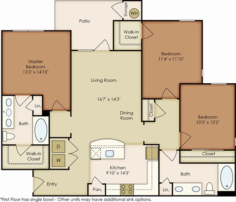 Floor plan for 3 beds, 2 baths, 1282 sqft